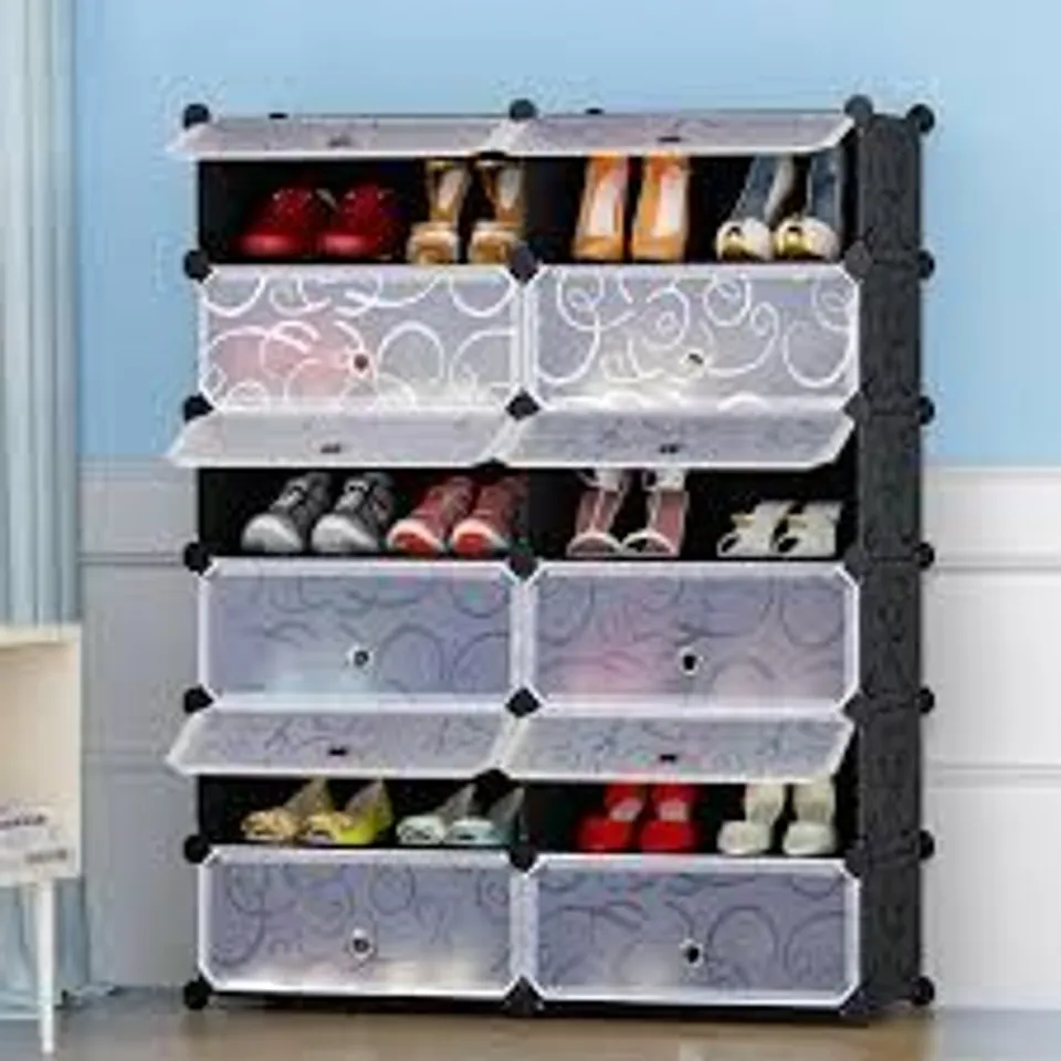 BOXED COSTWAY 12-CUBE DIY PORTABLE PLASTIC SHOE RACK WITH TRANSPARENT DOORS