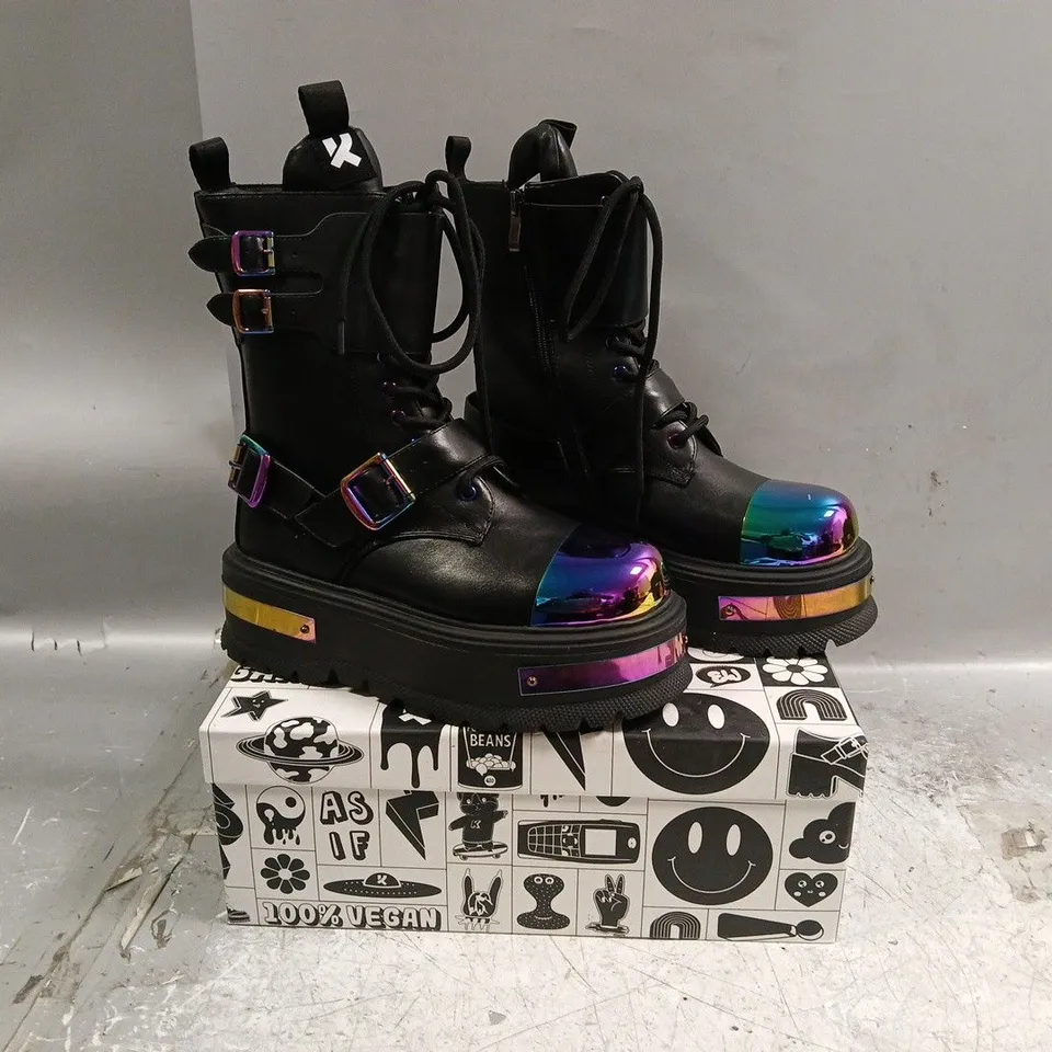 BOXED PAIR OF KOI COSMIC FIRE METAL PLATFORM BOOTS IN BLACK SIZE UK 4