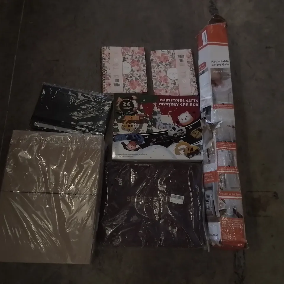 PALLET OF ASSORTED ITEMS INCLUDING RETRACTABLE SAFETY GATE, MYSTERY CAR BOX, FRIDGE ORGANISER, TABLET CASE, WEEKLY PLANNERS, PACKING CUBES