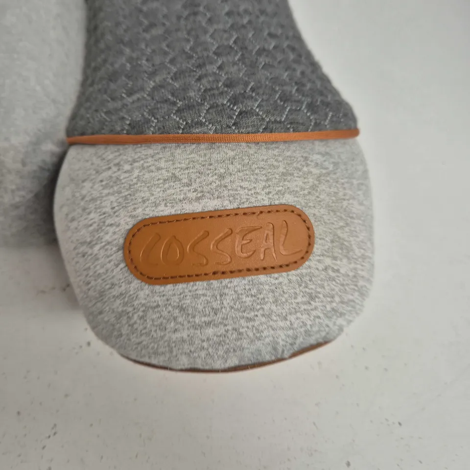COSSEAL NECK MASSAGE PILLOW – GREY FABRIC WITH LEATHER PATCH