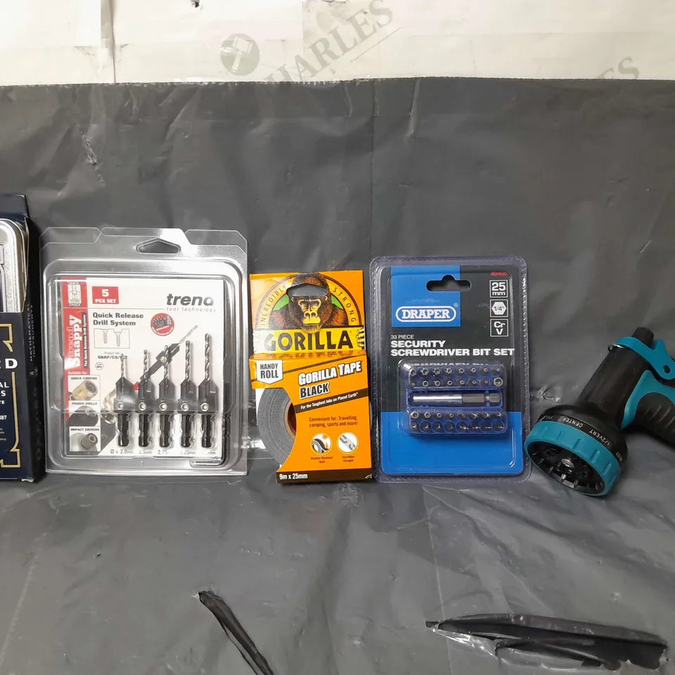 BOX OF APPROXIMATELY 14 ASSORTED ITEMS TO INCLUDE - GORILLA TAPE , DRAPER SCREWDRIVER BIT SET , DELIX OXFORD MATHMATICAL INSTUMENTS ETC