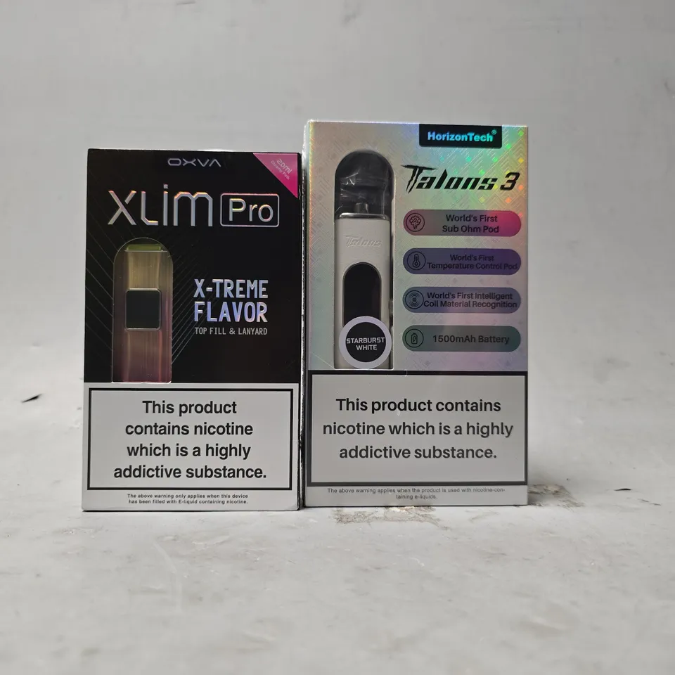 BOX OF APPROXIMATELY 15 ASSORTED E-CIGARETTES PRODUCTS TO INCLUDE - HORIZON TECH TALONS 3 , OXVA XLIM PRO 
