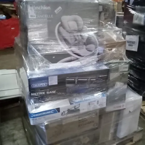 PALLET OF APPROXIMATELY 17 ASSORTED ELECTRICAL ITEMS TO INCLUDE FOG MACHINES , MITRE SAWS , SPRAYERS , ETC