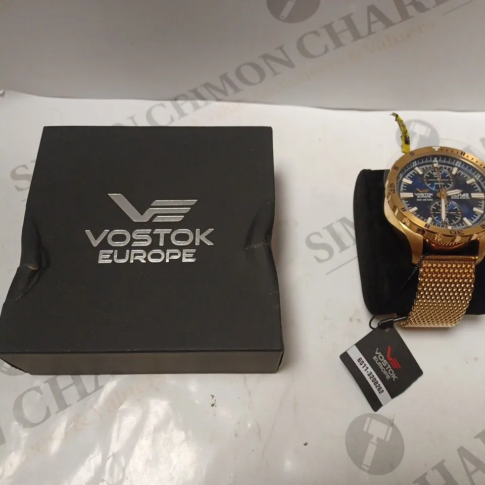 BOXED VOSTOK EUROPE BLACK/GOLD/NAVY WATCH 