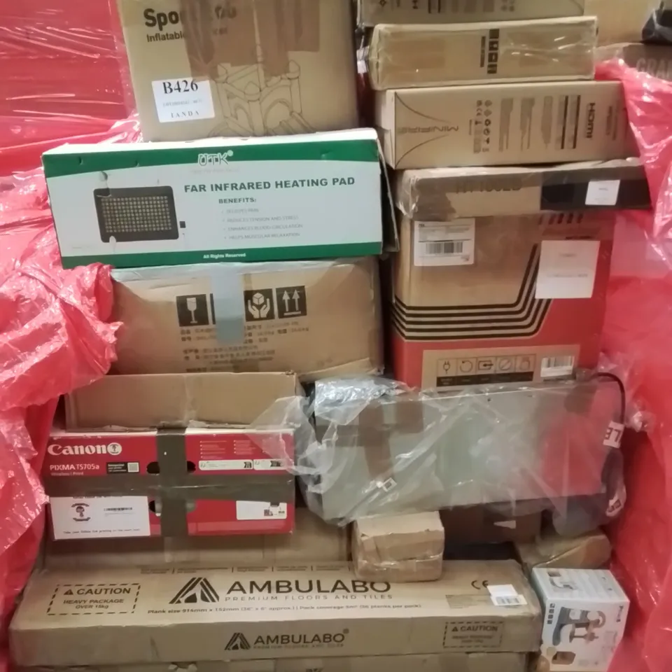 PALLET CONTAINING VARIOUS ASSORTED BOXED HOUSEHOLD ITEMS TO INCLUDE: INFARED HEATING PAD, CANON PRINTER, PC MONITOR,  TV WALL MOUNT AND LOTS MORE UNMARKED BOXED ITEMS 