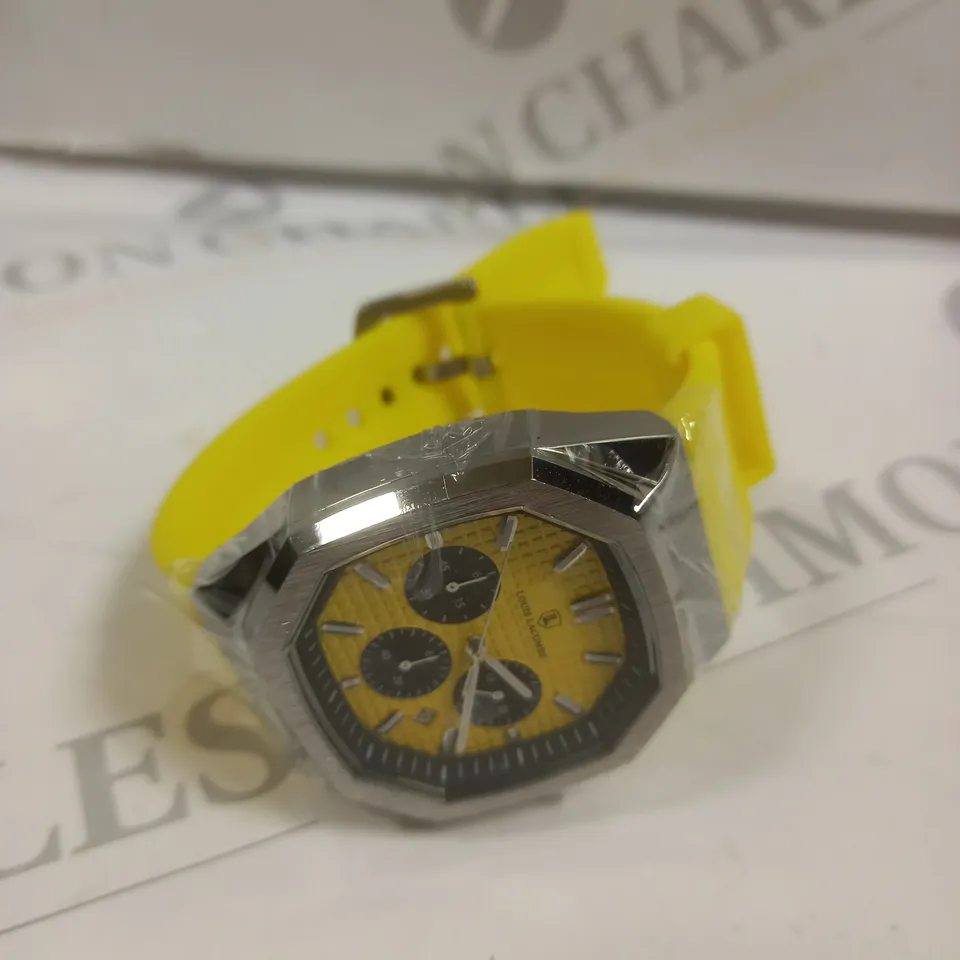 MENS LOUIS LACOMBE CHRONGRAPH WATCH – 3 SUB DIALS – SILVER COLOUR CASE – YELLOW RUBBER STRAP 