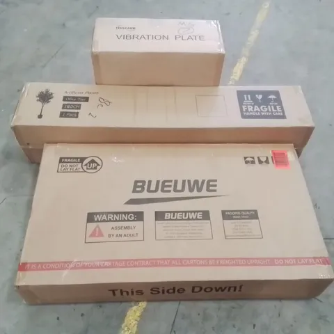 PALLET CONTAINING VARIOUS ASSORTED ITEMS TO INCLUDE:VIBRATION PLATE, ARTIFICIAL OLIVE TREE, BIKE,BED RAIL GUARD AND OTHER ASSORTED ITEMS...