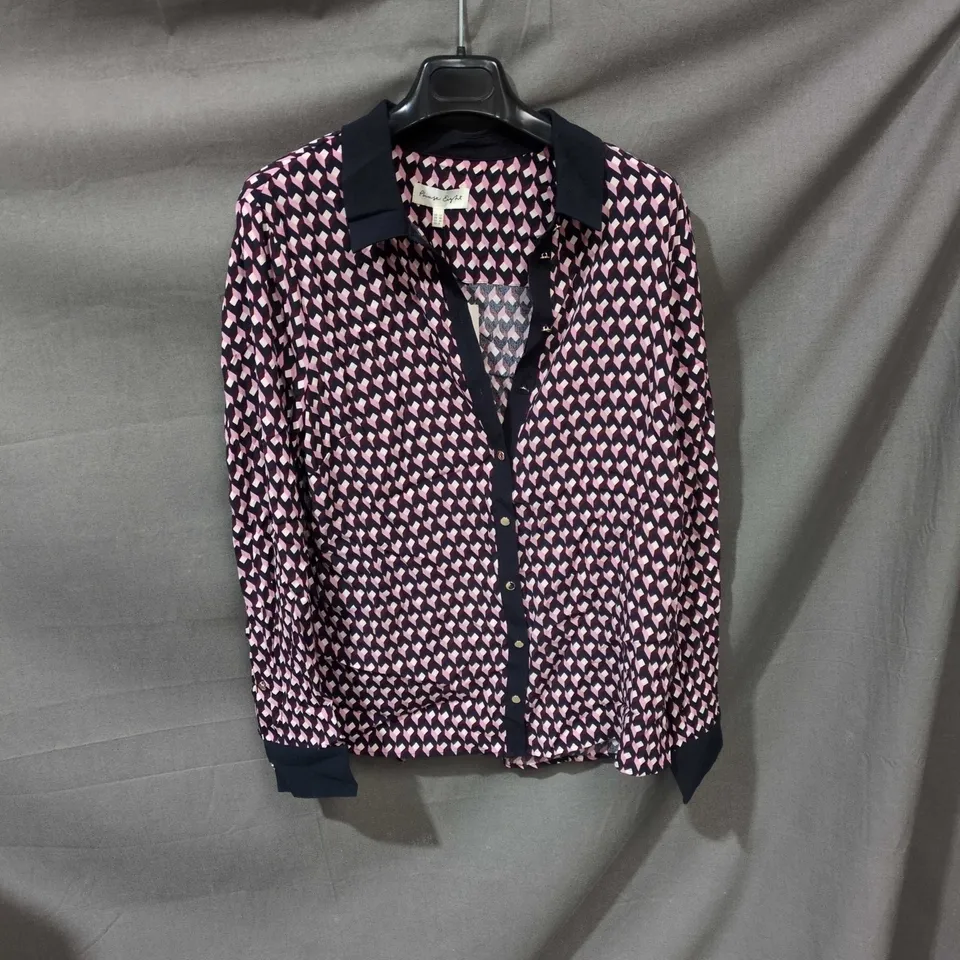 PHASE EIGHT WOMEN'S BLOUSE – PINK GEOMETRIC PRINT WITH NAVY COLLAR, UK 12
