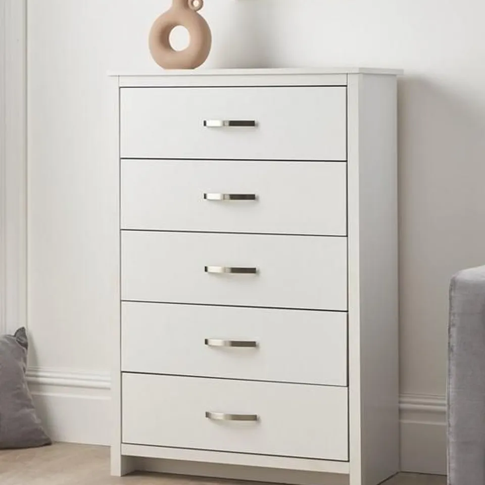 BOXED ELY 5 DRAWER CHEST OF DRAWERS WHITE (1 BOX)