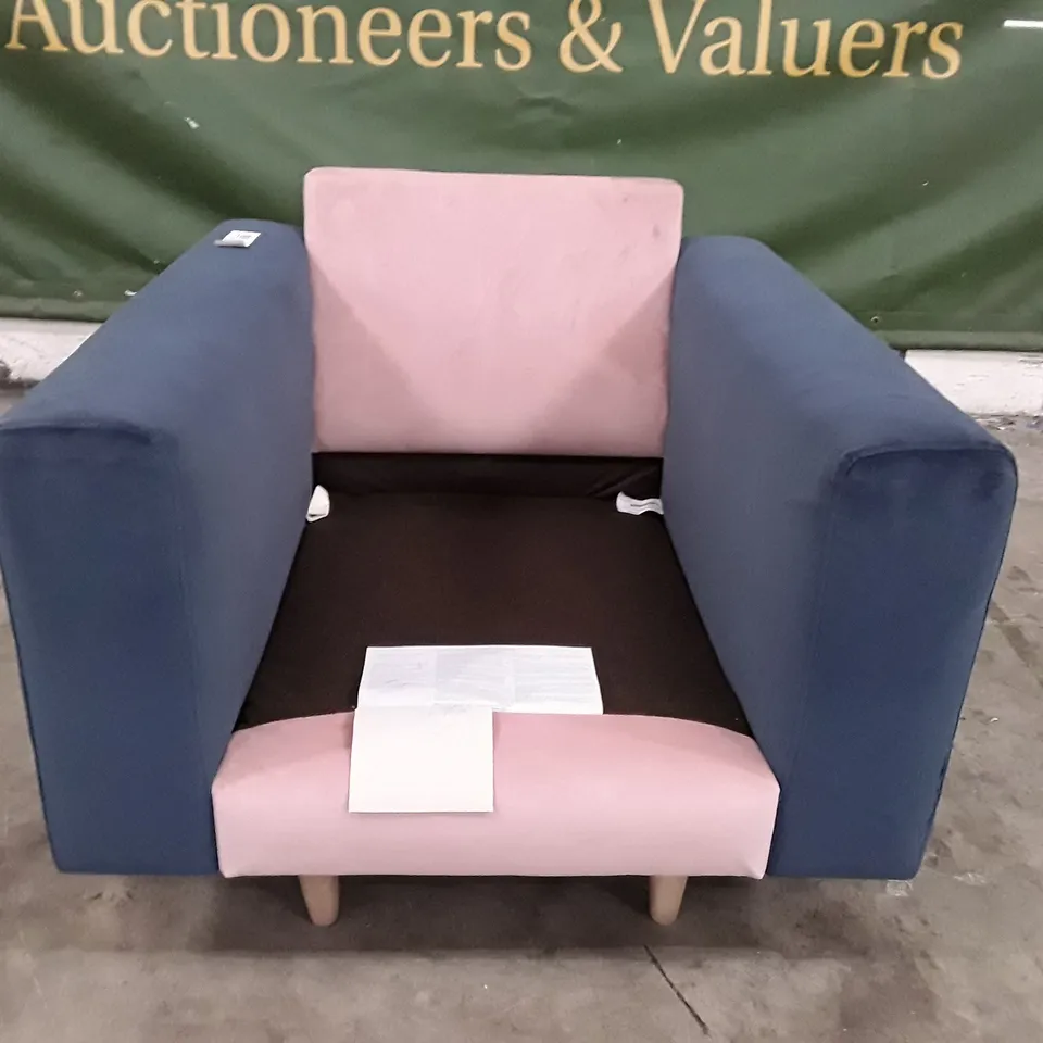 QUALITY DESIGNER ARMCHAIR - PINK/BLUE FABRIC