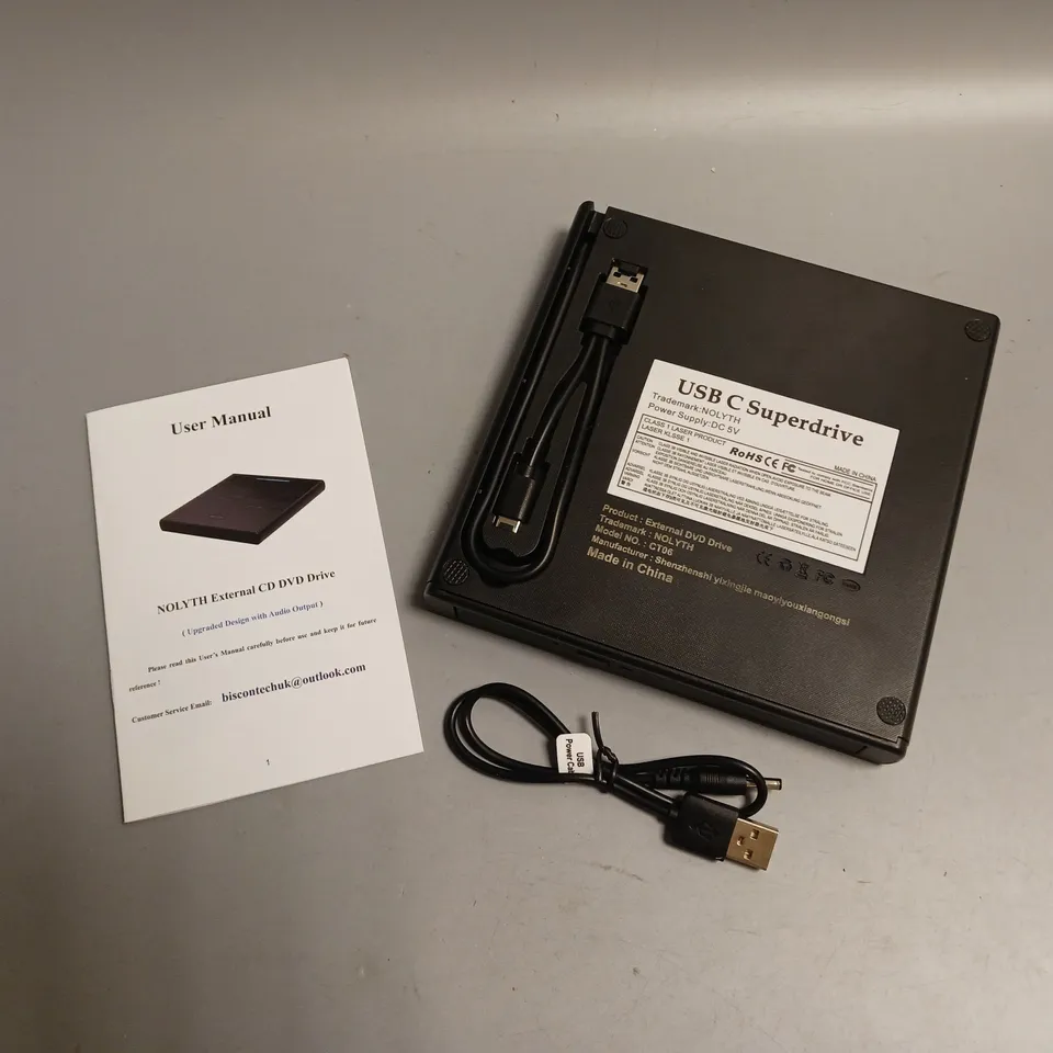 NOLYTH EXTERNAL CD DVD DRIVE BLACK INCLUDES CHARGING AND AUDIO CABLES
