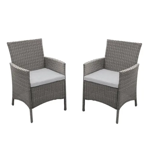 BOXED SET OF 2, LAURA JAMES KEMBLE MARSTON OUTDOOR DINING CHAIRS, GREY RATTAN WITH ASH GREY CUSHION (1 BOX)