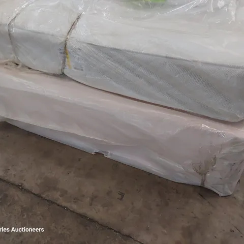 QUALITY BAGGED 4'6" DOUBLE DIVAN BED COMPRISING AERIAL ORTHO MATTRESS ON PINK FABRIC BASE