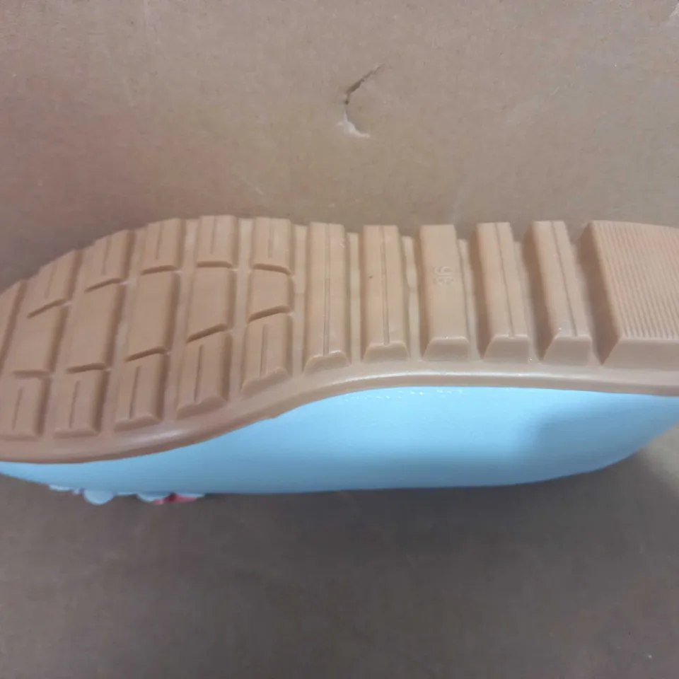 BOXED PAIR OF DESIGNER SLIP ON SHOES IN LIGHT BLUE EU SIZE 36 