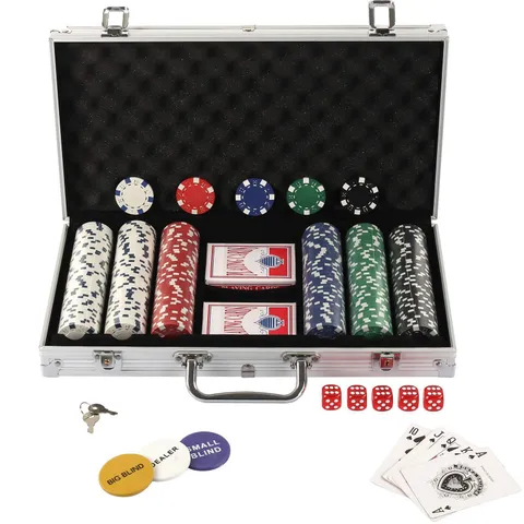 BOXED DISPLAY4TOP TEXAS HOLDEM POKER CHIPS SET WITH ALUMINUM CASE,2 DECKS OF CARDS, DEALER, SMALL BLIND, BIG BLIND BUTTONS AND 5 DICE (300PCS)