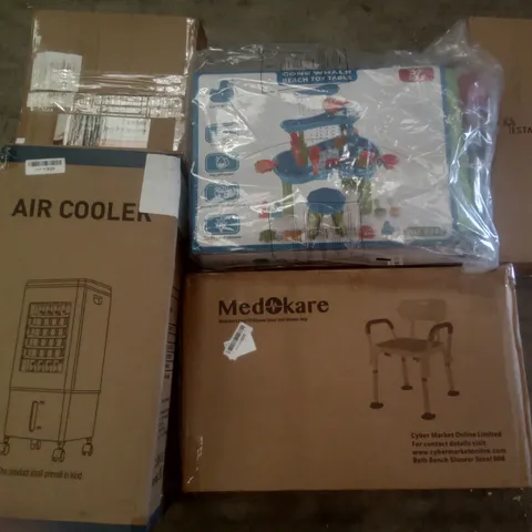 PALLET OF ASSORTED ITEMS INCLUDING AIR COOLER, MEDOKARE STOOL, MIBAO DOOR MAT SPECIALIST, CONE WHALE BEACH TOY TABLE, YESTAR GARDEN SPRINKLER