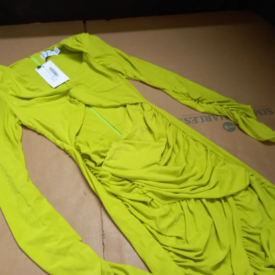 CLUB OF LONDON LIME GREEN ASYMMETRIC NECK CUTOUT RUCHED MINI DRESS - UK 10