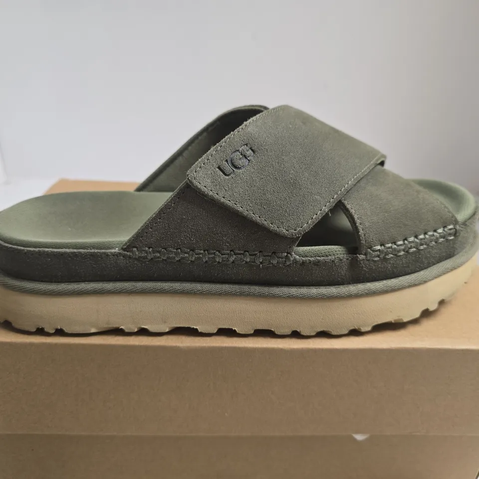 BOXED PAIR OF WOMENS UGG GOLDENSTAR CROSS SLIDE – OLIVE GREEN, UK 7 (EU 40)