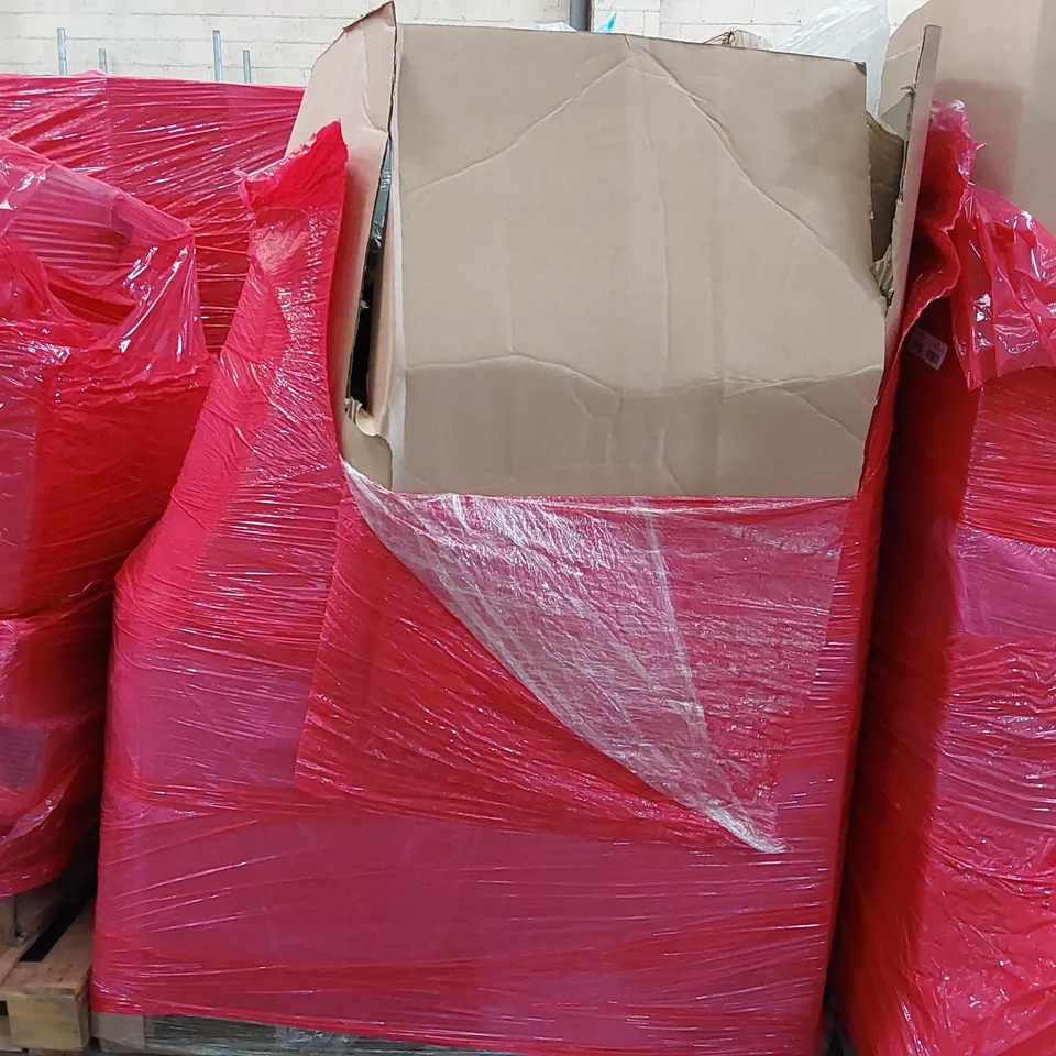 PALLET OF ASSORTED CONSUMER PRODUCTS TO INCLUDE; HOLLYWOOD MAKEUP MIRROR, BEAM CUTTER SAW ATTACHMENT, FABRIC WARDROBE, LARGE RUGS, TOILET SEAT ECT