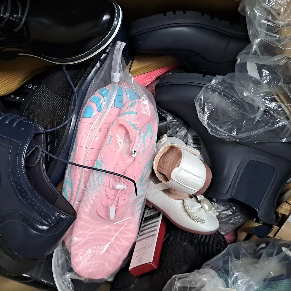 BOX OF APPROXIMATELY 15 ASSORTED PAIRS OF SHOES AND FOOTWEAR ITEMS IN VARIOUS STYLES AND SIZES TO INCLUDE BIRKENSTOCK, FITFLOP, ETC - COLLECTION ONLY