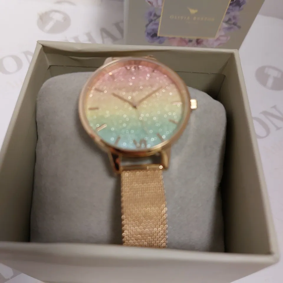 BOXED OLIVIA BURTON RAINBOW GLITTER WRIST WATCH
