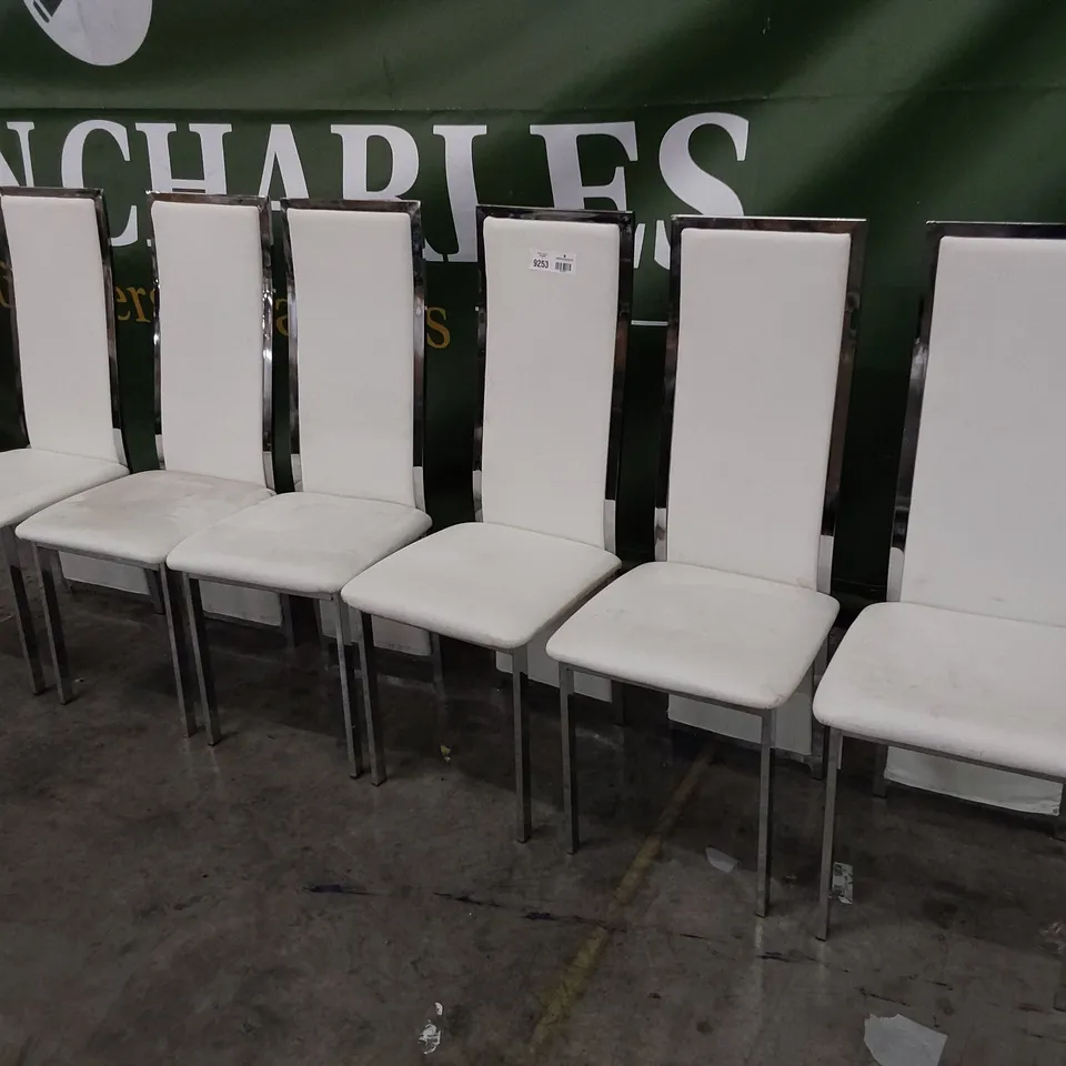 SET OF SIX CHROME FRAMED HIGH BACK DINING CHAIRS WHITE PU