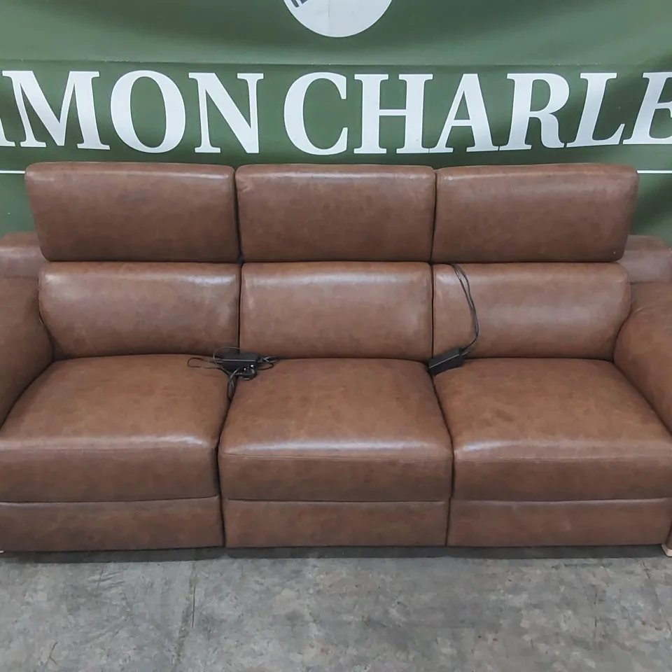 QUALITY DESIGNER ITALIAN MADE RICCARDO 3 SEATER ELECTRIC RECLINING LEATHER SOFA - BRANDY