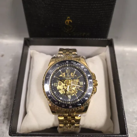 BOXED SAMUEL JOSEPH LIMITED EDITION SKELETON MECHANISM GOLD DESIGNER MEN'S WATCH