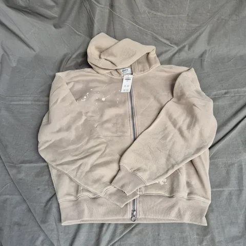 HOLLISTER BAGGY CINCH FIT SPLATTER ZIP UP HOODIE IN STONE GREY SIZE S