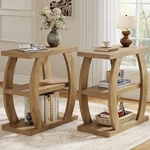 BOXED TRIBESIGNS SET OF 2, 3-TIER NARROW SIDE TABLE WITH STORAGE, FARMHOUSE WOODEN BESIDE TABLE WITH GEOMETRIC FRAME - WALNUT BROWN