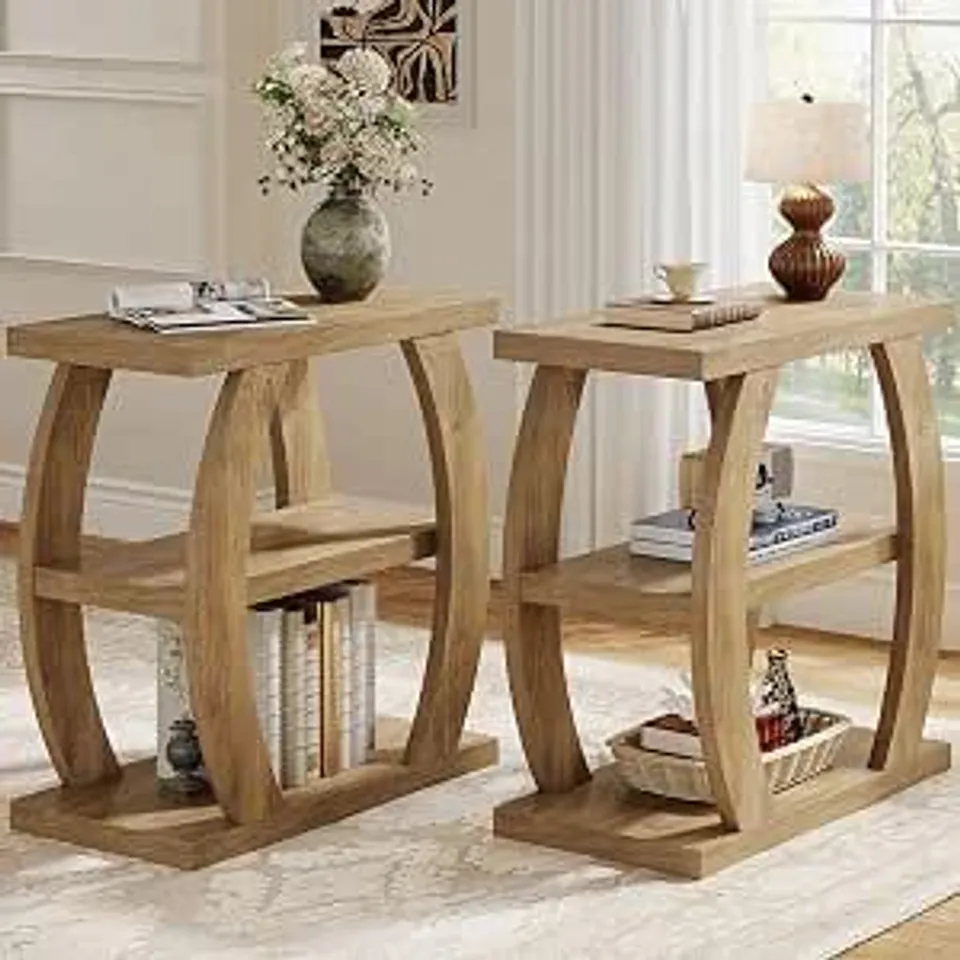 BOXED TRIBESIGNS SET OF 2, 3-TIER NARROW SIDE TABLE WITH STORAGE, FARMHOUSE WOODEN BESIDE TABLE WITH GEOMETRIC FRAME - WALNUT BROWN