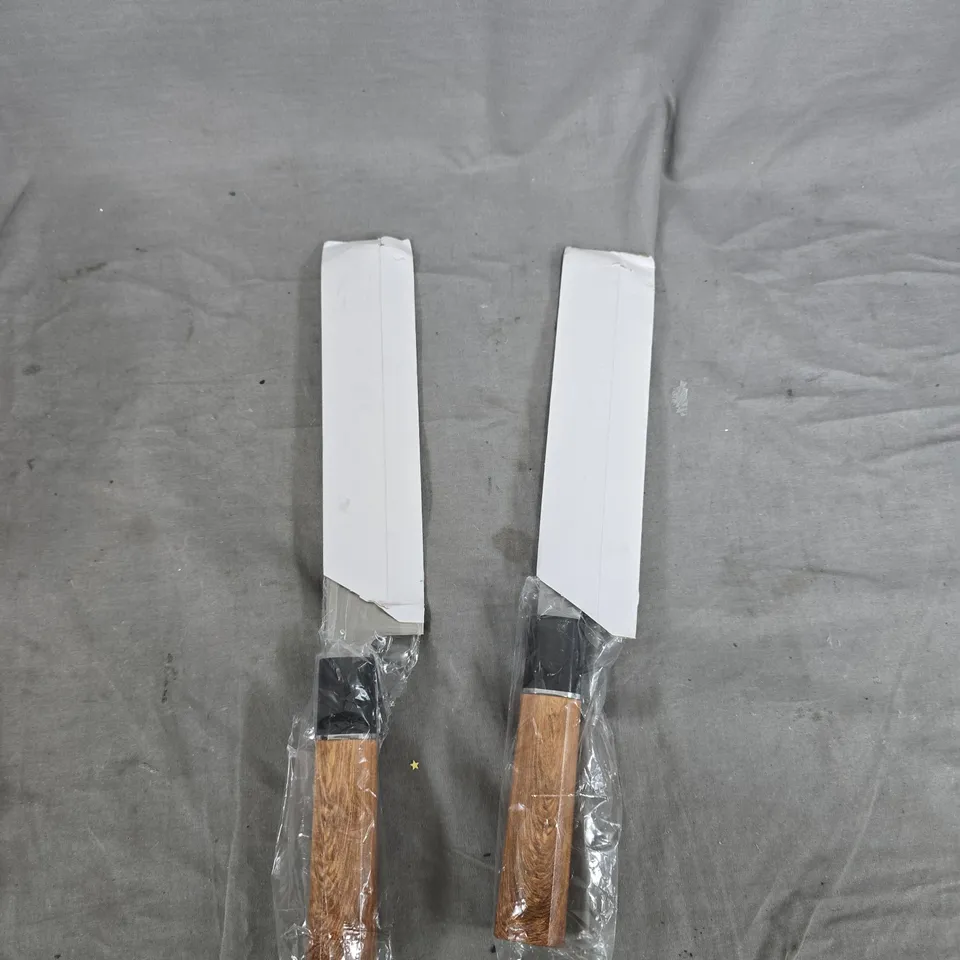 TWO KITCHEN KNIVES WITH WOODEN HANDLES – SANTOKU STYLE