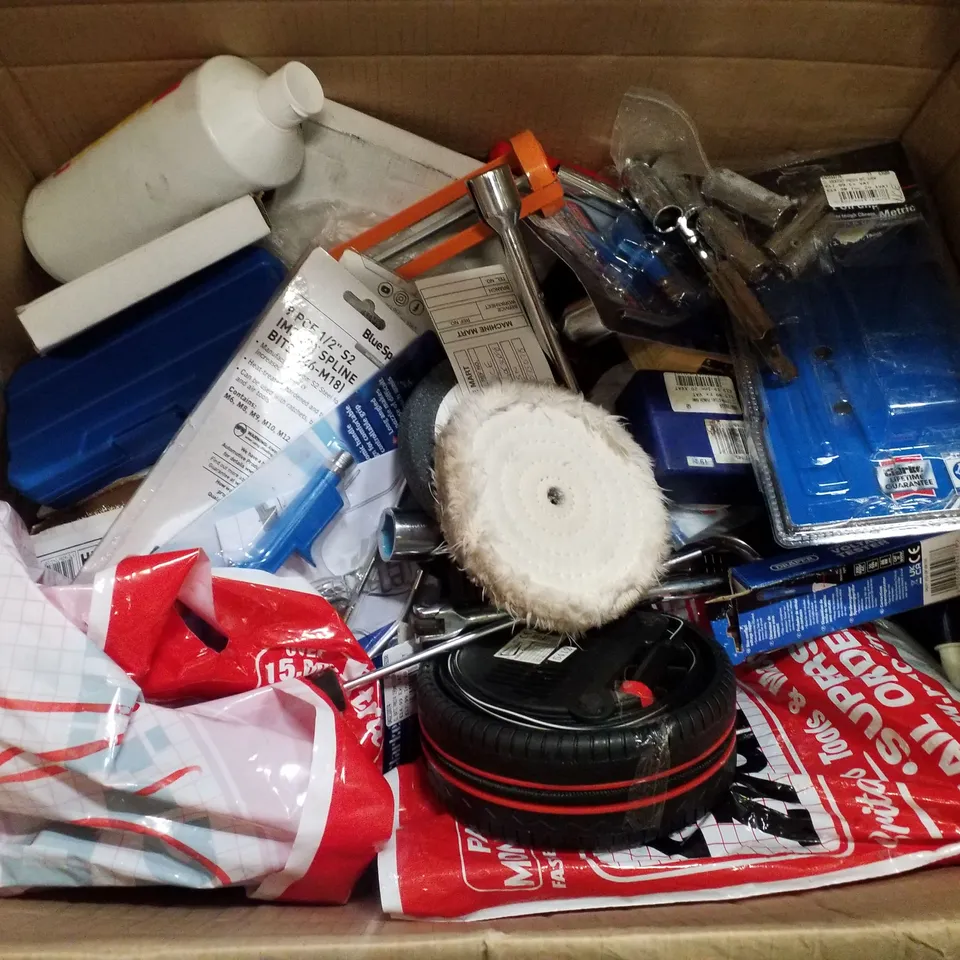 BOX CONTAINING MIXED ITEMS INCLUDING AIR COMPRESSOR, GRINDING WHEEL, IMPACT SPLINE BITS 