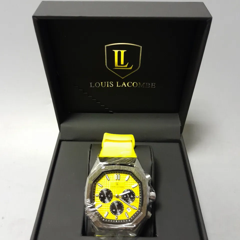 BOXED LOUIS LACOMBE CHRONOGRAPH 3 SUB DIAL WATCH WITH YELLOW RUBBER STRAP