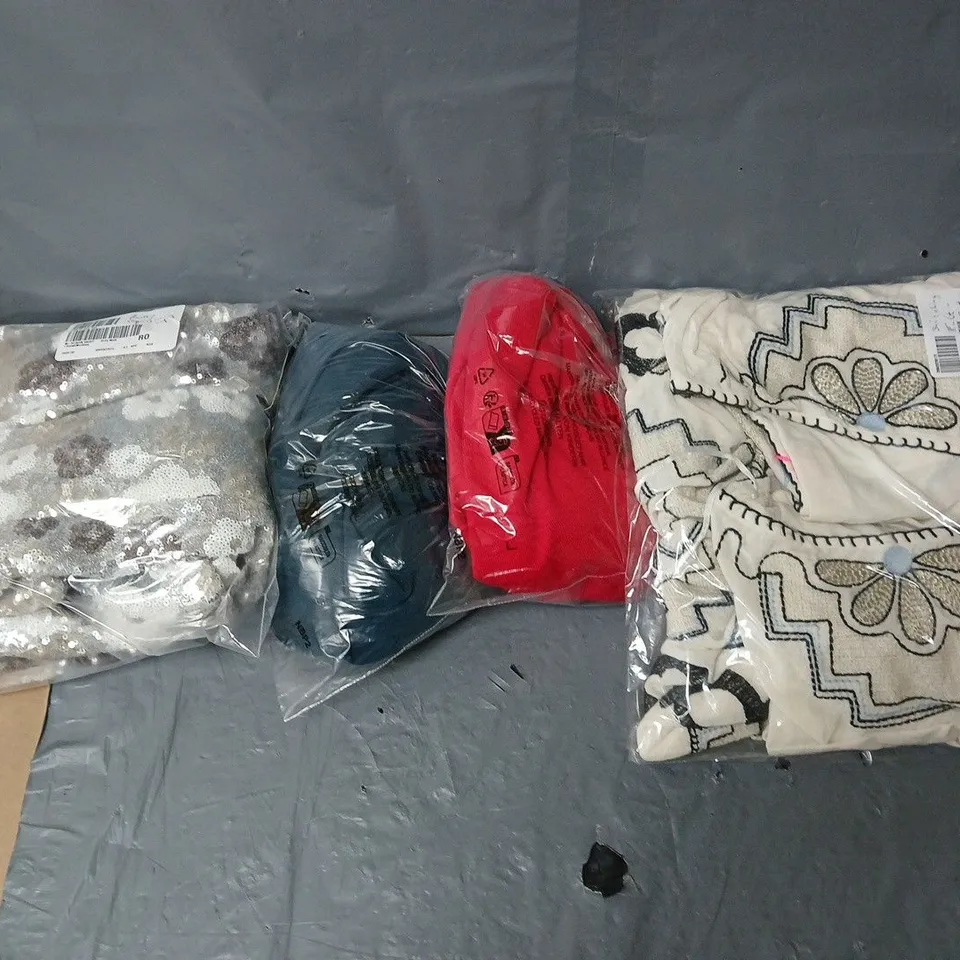 BOX OF APPROXIMATELY 8 ASSORTED BAGGED PIECES OF CLOTHING IN VARIOUS STYLES, SIZES, AND BRANDS 