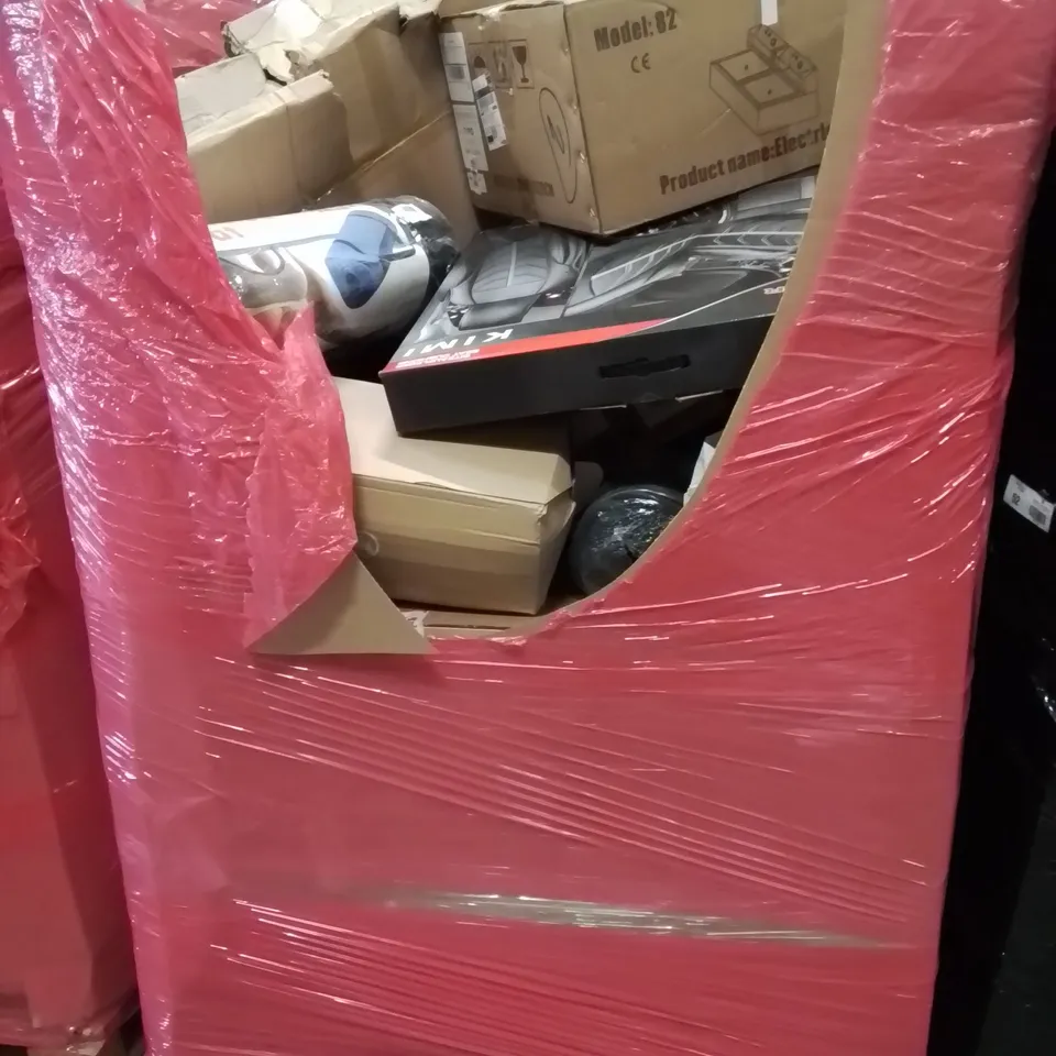 PALLET CONTAINING VARIOUS ASSORTED BOXED HOUSEHOLD ITEMS TO INCLUDE: CAR SEAT CUSHIONS, ELECTRIC FRYER, YOGA MATS AND LOTS MORE UNMARKED BOXED ITEMS 