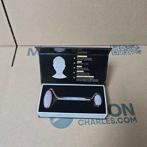 GLINDAWAND COSMETICA ROSE QUARTZ FACIAL MASSAGE ROLLER – DUAL-ENDED, IN BOX