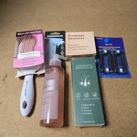 APPROXIMATELY 15 ASSORTED HEALTH & BEAUTY PRODUCTS TO INCLUDE HAIR BRUSH, HAIR GROWTH SERUM, DENTURES ETC