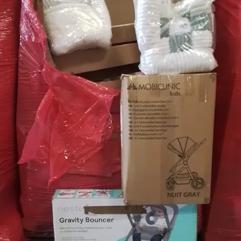 PALLET CONTAINING VARIOUS ASSORTED BOXED HOUSEHOLD ITEMS TO INCLUDE: CLOTHES DRYING RACK, KIDS STROLLER, PET BEDS, TOILET SEATS AND LOTS MORE UNMARKED BOXED ITEMS 