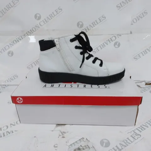 BOXED RIEKER WHITE HI TOP CUFFED TRAINERS- SIZE 5 