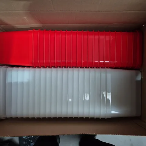 TWO RIBBED PLASTIC TRAYS, RED AND WHITE – KITCHEN STORAGE