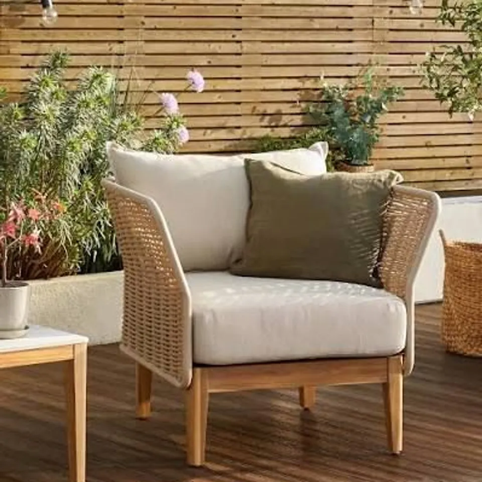 BOXED DANETTI TUSCANY GARDEN DINING CHAIR, NATURAL ACACIA FRAME WITH NATURAL ROPE AND NATURAL FABRIC (1 BOX)