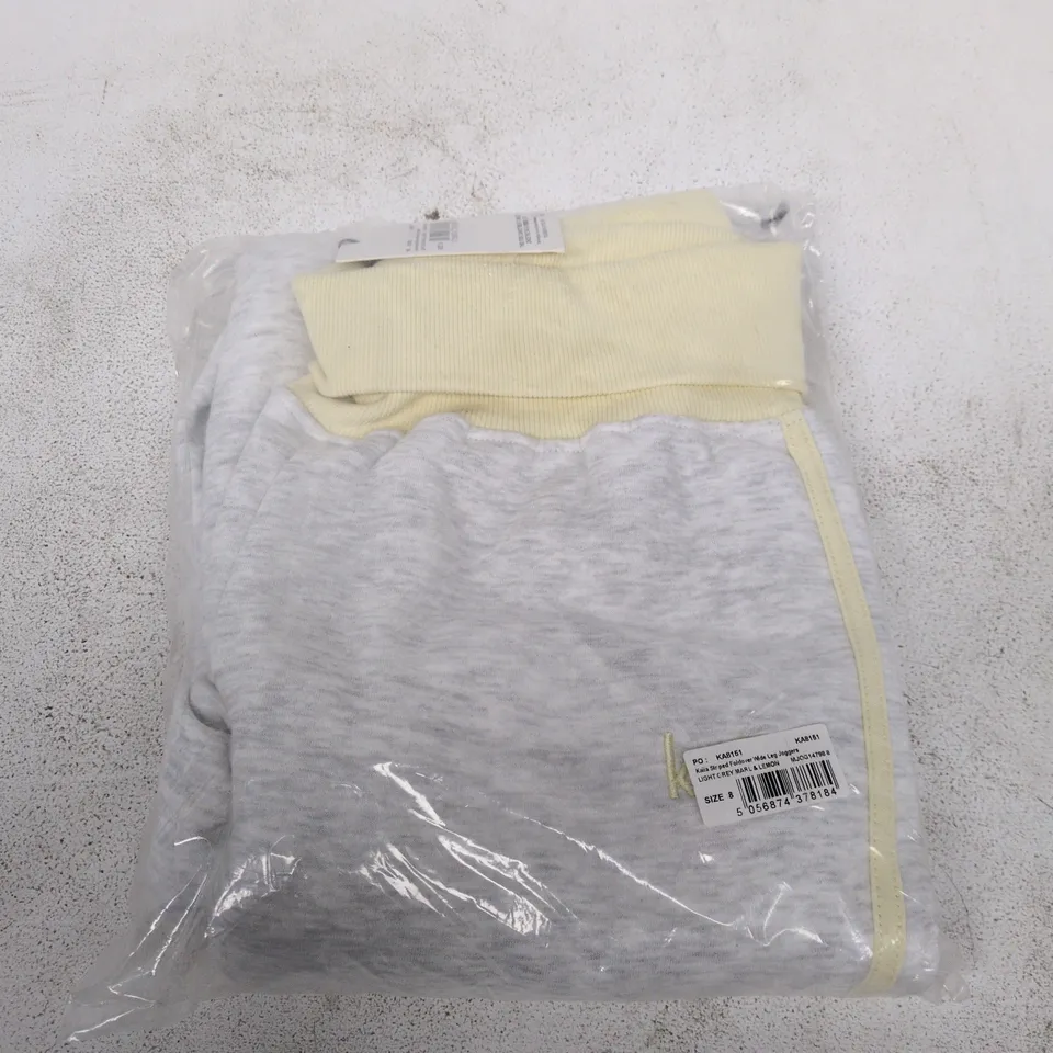 KAIA STRIPED FOLDOVER WIDE-LEG JOGGERS – LIGHT GREY MARL & LEMON, UK SIZE 8