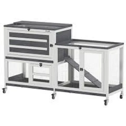 BOXED PAWHUT 2 TIER WHITE AND GREY SMALL ANIMAL PET HUTCH WITH RUN AND 2 OPENABLE TOP