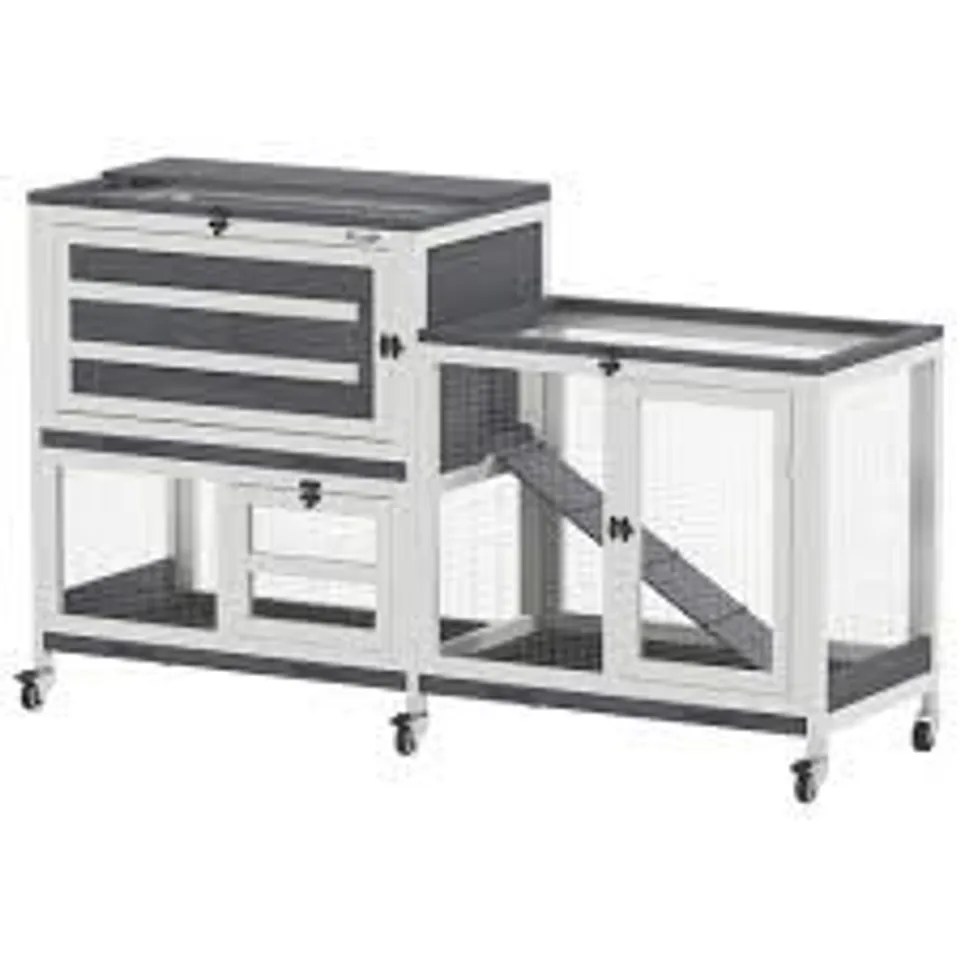 BOXED PAWHUT 2 TIER WHITE AND GREY SMALL ANIMAL PET HUTCH WITH RUN AND 2 OPENABLE TOP