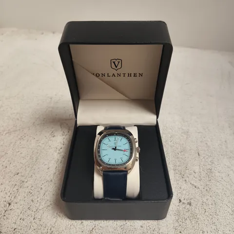 VONLANTHEN WRISTWATCH WITH LIGHT BLUE DIAL, STAINLESS STEEL CASE, BLUE LEATHER STRAP – BOXED