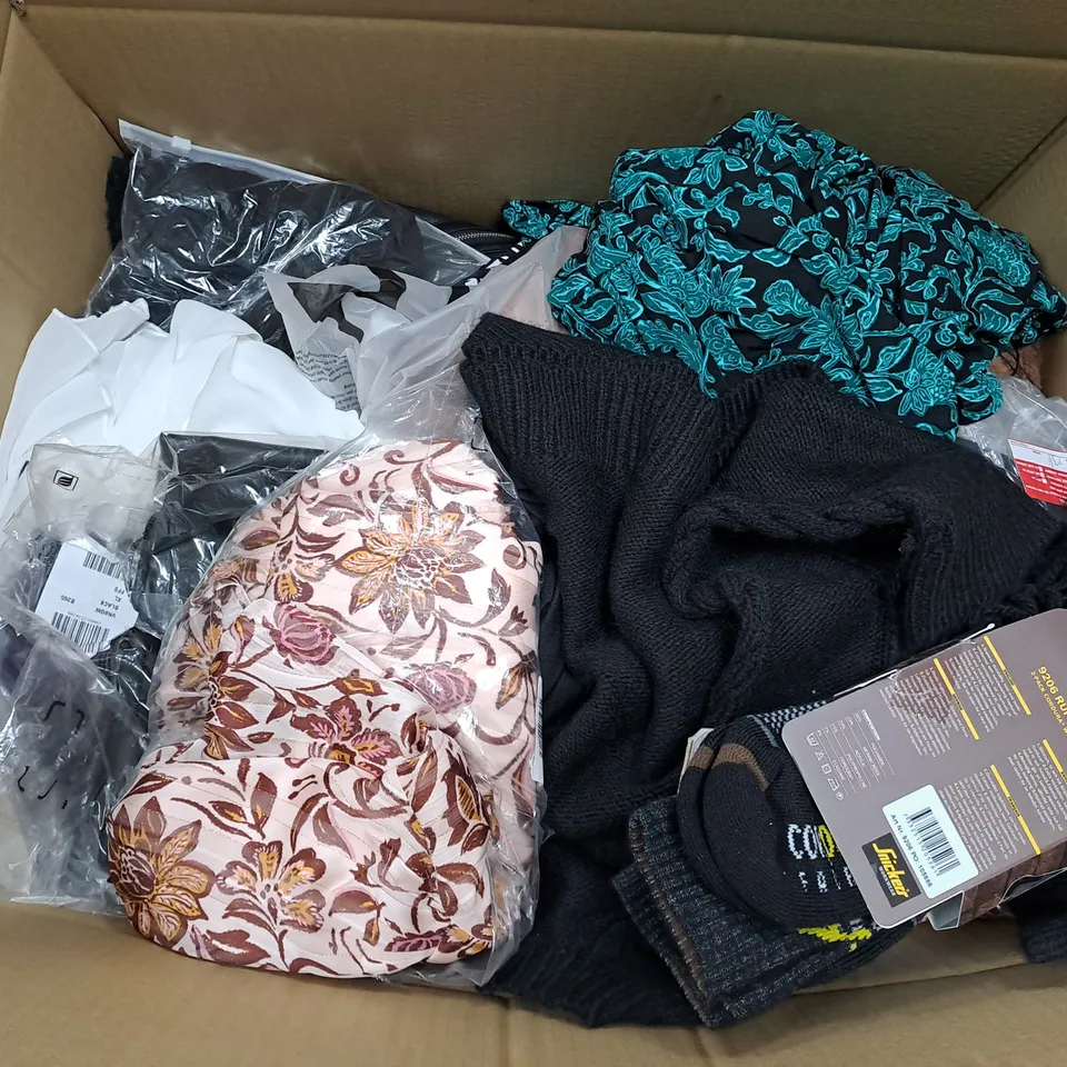 LARGE BOX OF ASSORTED CLOTHING ITEMS IN VARIOUS COLOURS AND SIZES INCLUDING TROUSERS , TOPS AND JUMPERS 