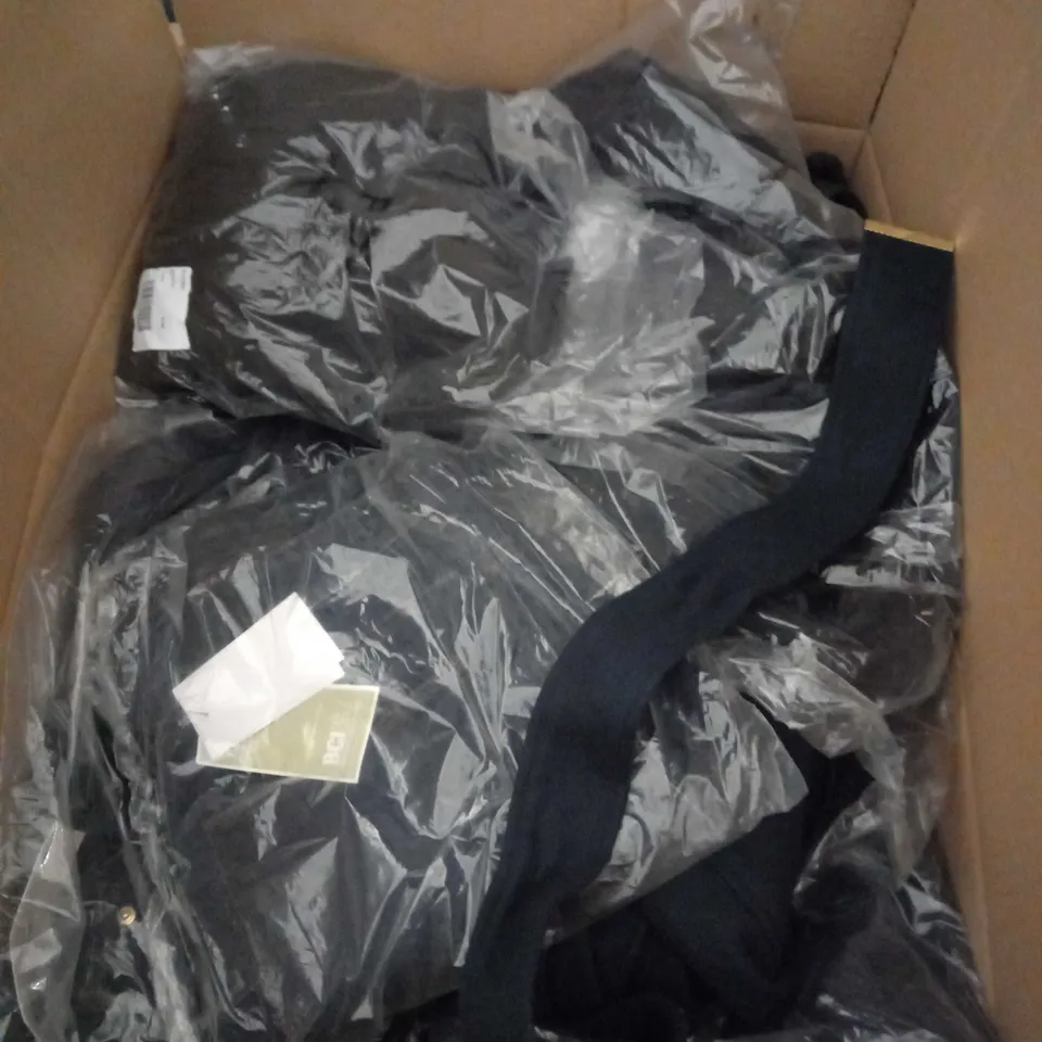 BOX OF ASSORTED CLOTHING ITEMS TOO INCLUDE DRESSES , SHIRTS AND TROUSERS IN VARIOUS SIZES AND COLOURS