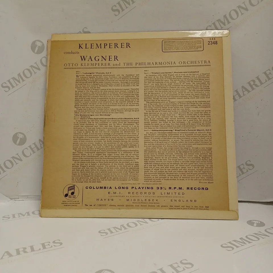 KLEMPERER CONDUCTS WAGNER THE PHILHARMONIA ORCHESTRA VINYL. 
