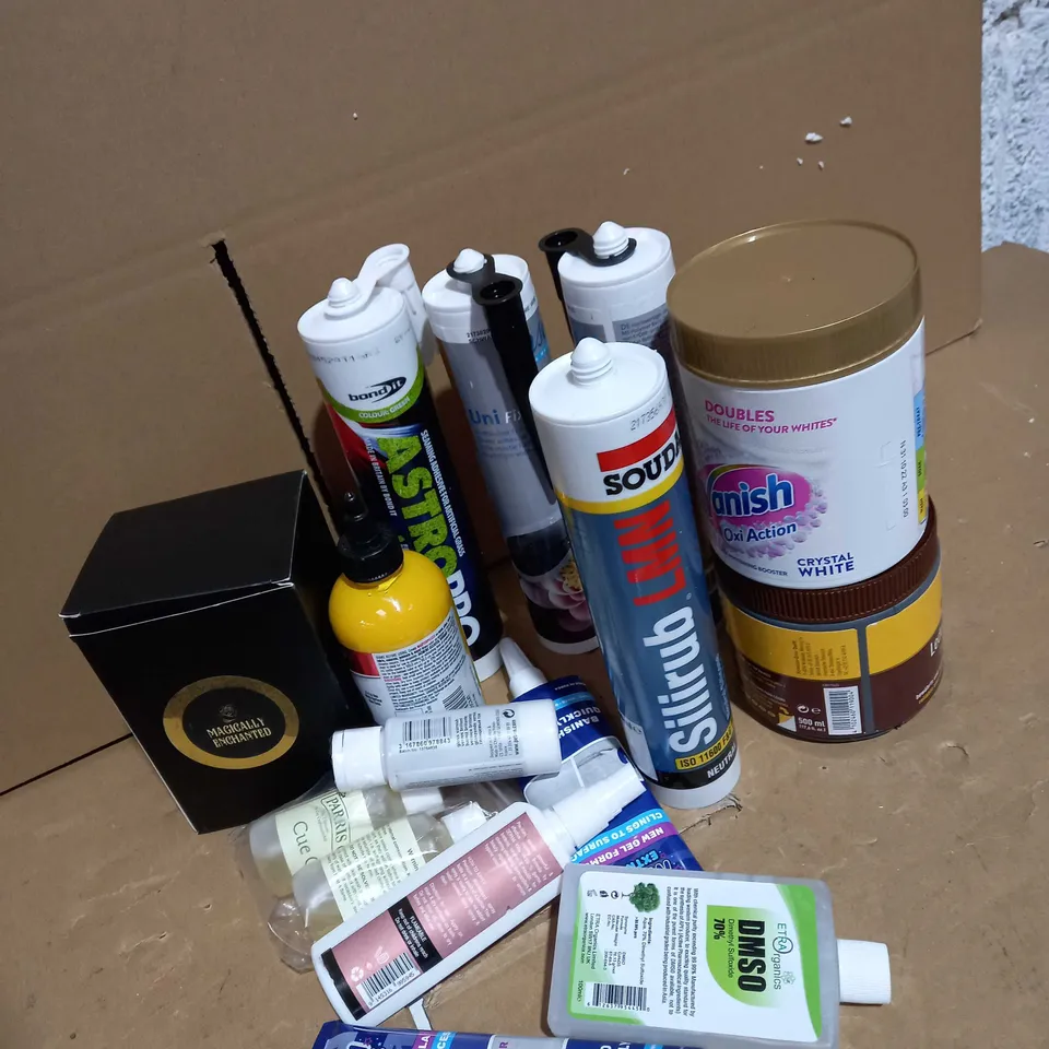 LOT OF ASSORTED HOUSEHOLD ITEMS TOO INCLUDE VANISH AND LEATHER BALM 